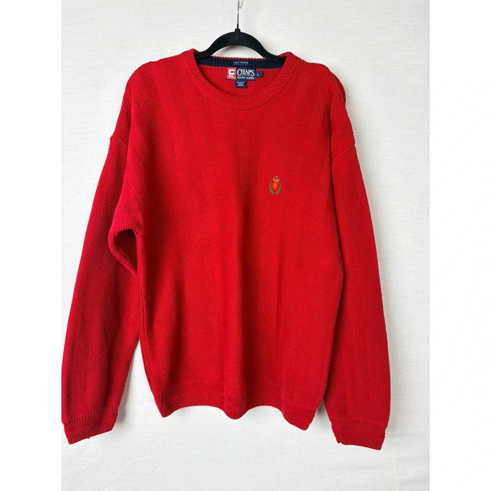 Chaps Ralph‎ Lauren Mens Red Herringbone Knit Cotton Crewneck Sweater Large